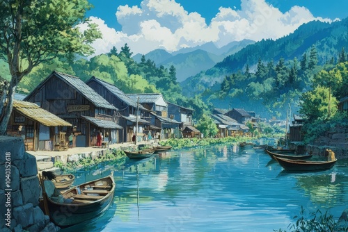 a painting of a village by the water