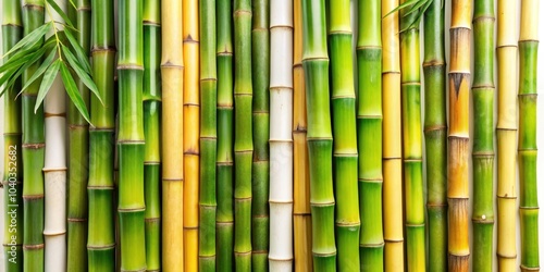 Various bamboo stalks of different lengths and colors with green leaves , bamboo, stalks, plants, green, nature, leaves