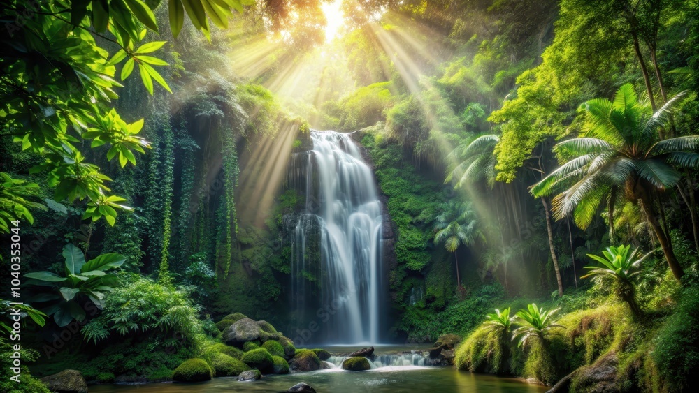 Path through dense jungle with waterfall and sunbeams , jungle, path, waterfall, sunbeams, nature, outdoor, adventure, hiking Path through dense jungle with waterfall and sunbeams , jungle, path, waterfall, sunbeams, nature, outdoor, adventure, hiking
