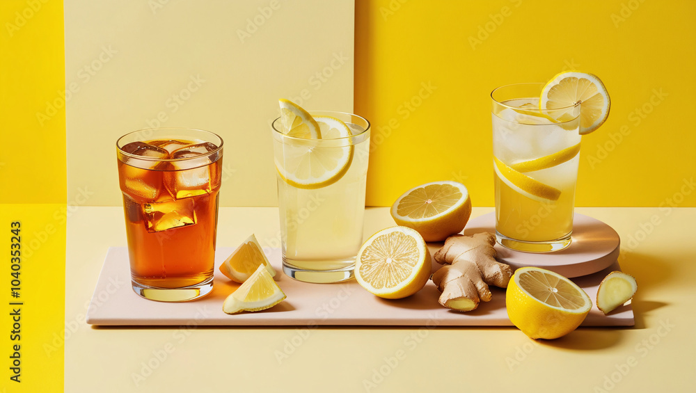 lemon and iced tea on yellow background, Bright and Zesty Still Life with Lemon and Iced Tea lemon and iced tea on yellow background, Bright and Zesty Still Life with Lemon and Iced Tea