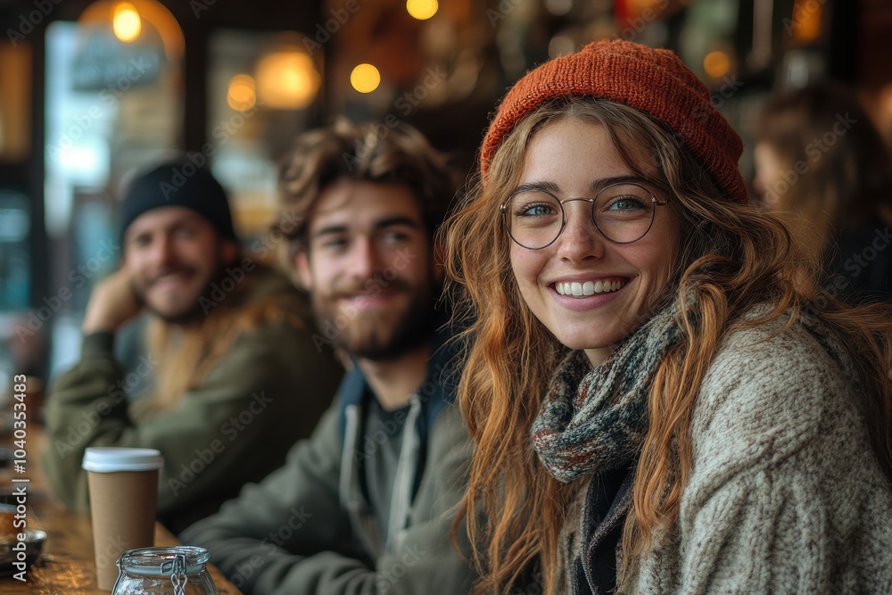 Cozy Cafe Vibes: Friends Enjoying Warm Atmosphere with Beverages Cozy Cafe Vibes: Friends Enjoying Warm Atmosphere with Beverages