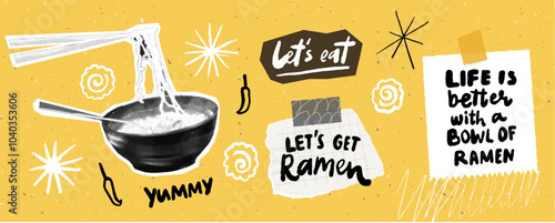 Ramen collage set, quotes and halftone picture of noodle bowl, trendy stickers collection on yellow background, hand drawings and typography
