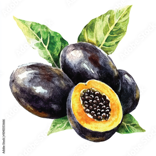 Cupuacu fruit watercolor clipart illustratration