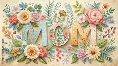 Vintage Floral Happy Mothers Day Card with Hand Drawn MOM Letters for Celebrating Moms