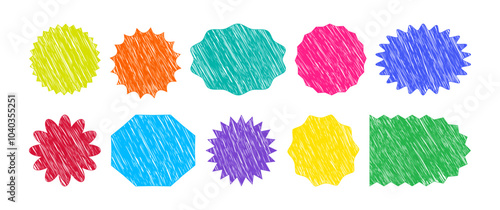 Crayon label line icon, chalk sticker starburst shape, scribble discount sale price tag, colorful paint sun, circle and oval scratch pen drawn texture isolated on white background. Vector illustration