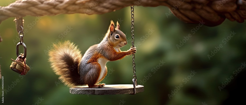 A playful image of a squirrel hilariously trying to balance on a bird feeder A playful image of a squirrel hilariously trying to balance on a bird feeder
