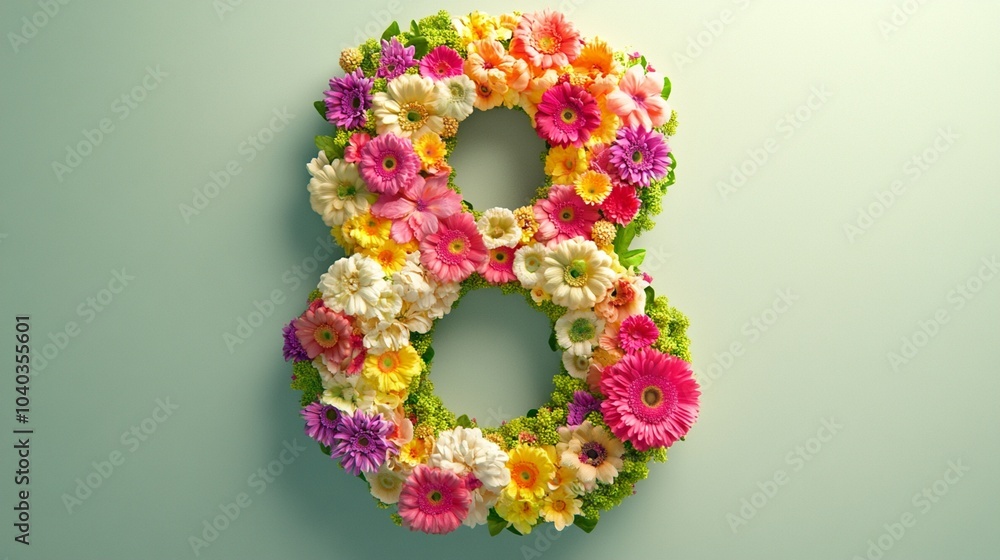 Vibrant floral arrangement in the shape of number 8, featuring colorful gerberas, chrysanthemums, and other blooms on a soft green background. Perfect for Women's Day. Vibrant floral arrangement in the shape of number 8, featuring colorful gerberas, chrysanthemums, and other blooms on a soft green background. Perfect for Women's Day.