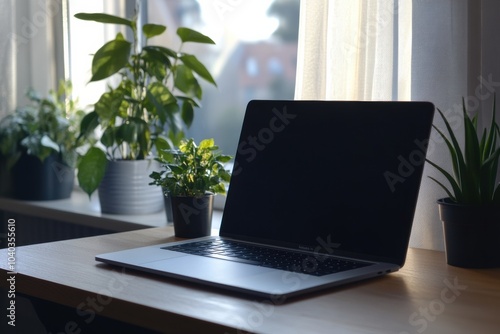 Wallpaper Mural A modern laptop sits on a wooden desk, surrounded by vibrant green plants, illuminated by warm afternoon sunlight streaming in. Generative AI Torontodigital.ca