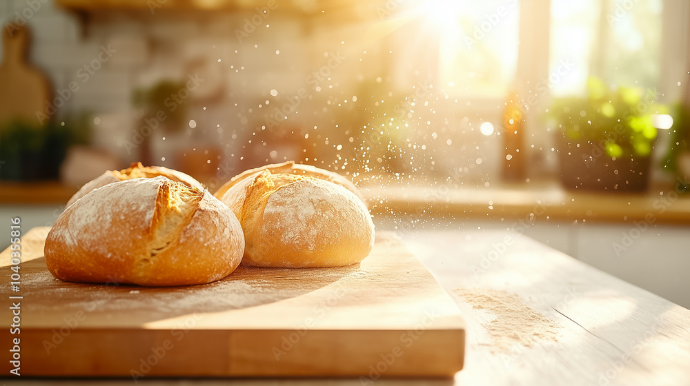 Two warm bread loaves sit on a wooden cutting board dusted with flour, illuminated by soft sunlight Two warm bread loaves sit on a wooden cutting board dusted with flour, illuminated by soft sunlight