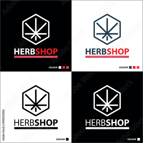 Cannabis marijuana hemp herb shop modern line logo set template design