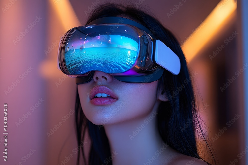 A young woman She is wearing VR glasses that fit snugly around her head. A young woman She is wearing VR glasses that fit snugly around her head.