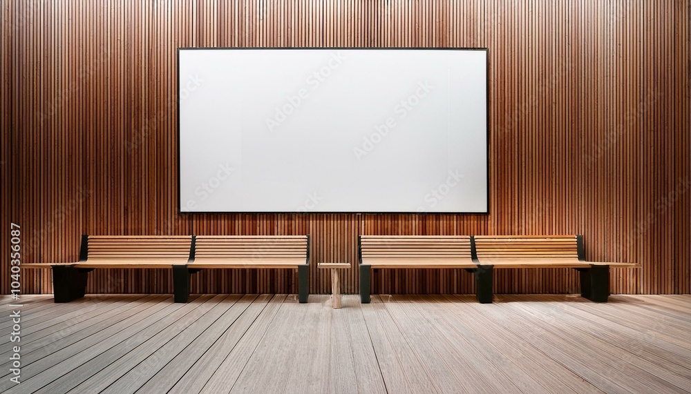Clean wooden gallery interior with benches in front of empty white mock up screen. 3D Rendering. Clean wooden gallery interior with benches in front of empty white mock up screen. 3D Rendering.
