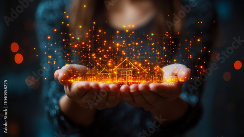 Woman Holding Virtual House Model with Glowing Technology Effects for Real Estate Investment and Home Insurance Concept photo