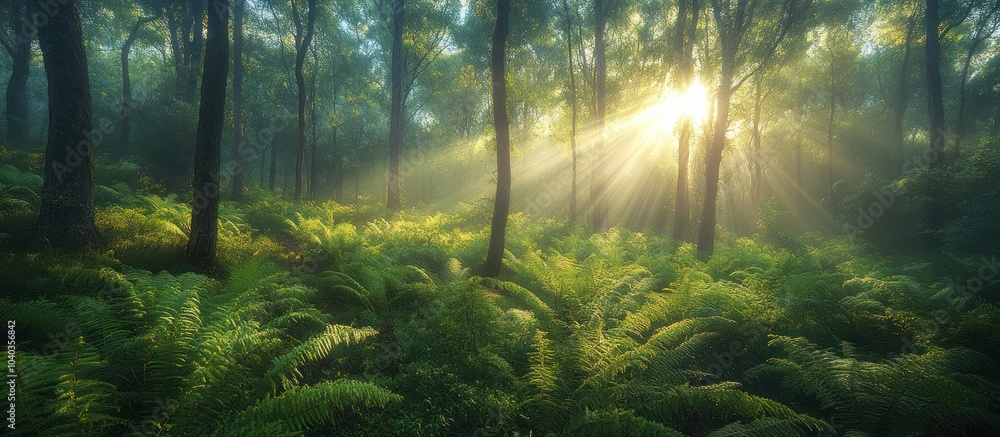Sunbeams illuminate a misty forest floor, with tall trees casting long shadows and ferns covering the ground. Sunbeams illuminate a misty forest floor, with tall trees casting long shadows and ferns covering the ground.