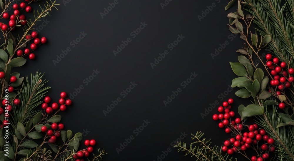 Christmas decoration with red and green berries, cypress leaves on a black background Christmas border design Copy space for text Generative AI Christmas decoration with red and green berries, cypress leaves on a black background Christmas border design Copy space for text Generative AI
