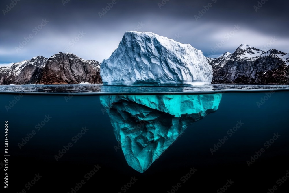 Obraz premium Iceberg floating in a cerulean sea, with bright white and blue tones of the ice shining against the deep, crystal-clear water
