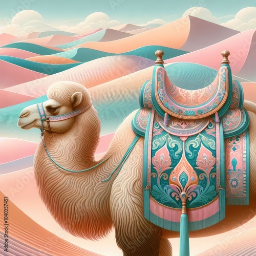 Vibrant Illustration of a Decorated Camel in a Desert Landscape: Detailed Patterns, Ornate Saddle, Soft Pastel Colors, Surreal Sand Dunes, and Dreamlike Atmosphere in 8K Resolution