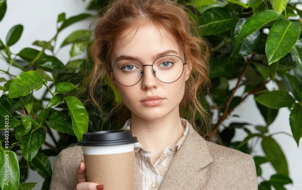 Businesswoman standing by a window with a city view, holding a coffee cup and looking thoughtful Businesswoman standing by a window with a city view, holding a coffee cup and looking thoughtful