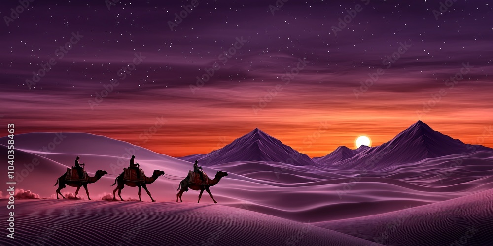 Naklejka premium Camel Caravan Journey Across the Sunset Desert Landscape