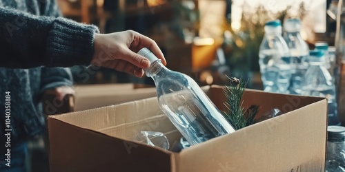 Using less, reusing things, and recycling helps the environment. The image shows a bottle being put in a box, symbolizing how we can manage waste and live more sustainably.