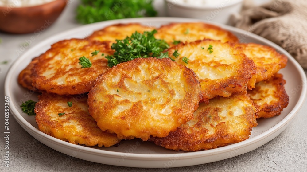 potato pancakes on a white plate, breakfast potato pancakes on a white plate, breakfast