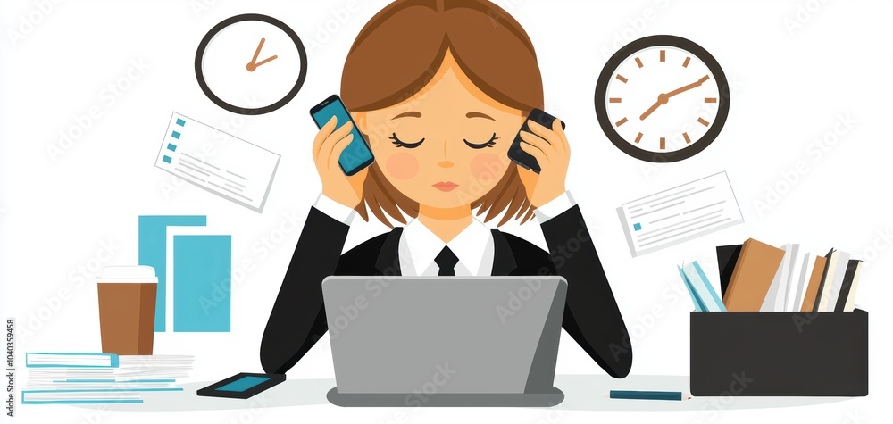 Illustration of a businesswoman multitasking with phone and laptop, emphasizing productivity and efficiency Illustration of a businesswoman multitasking with phone and laptop, emphasizing productivity and efficiency