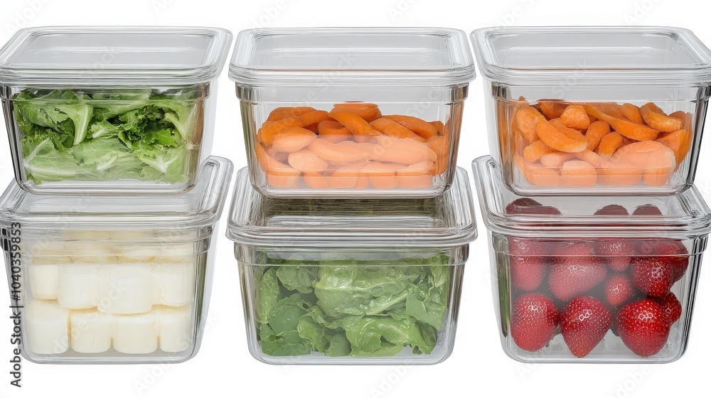 healthy vegetables and fruits placed in square glass containers on a white background healthy vegetables and fruits placed in square glass containers on a white background