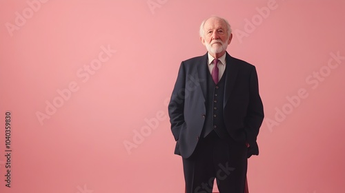 Contemplative and serious looking elderly British gentleman dressed in a crisp navy suit posing in a studio setting with neutral dusty rose background lighting photo