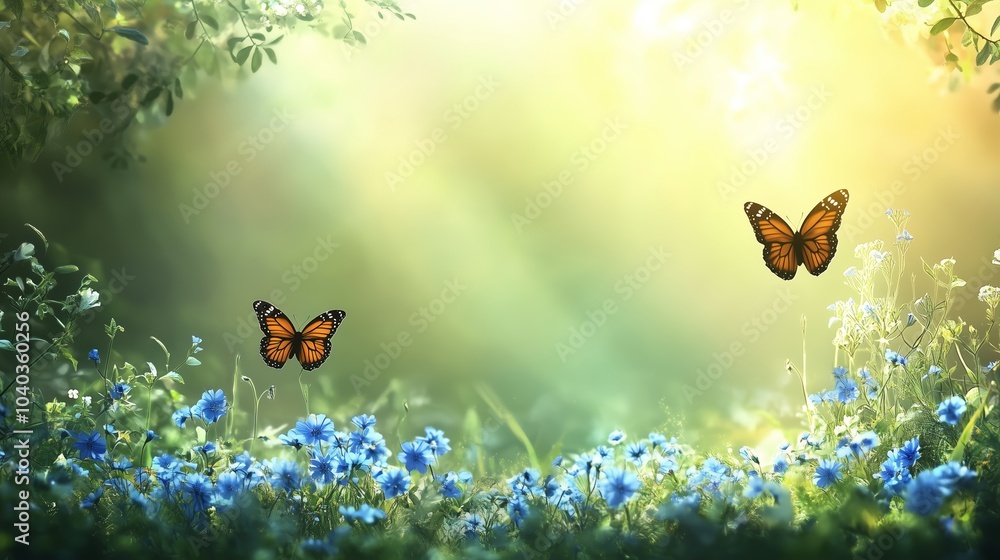 Beautiful spring meadow with blue flowers and green grass, a butterfly flying in the air. Beautiful spring meadow with blue flowers and green grass, a butterfly flying in the air.