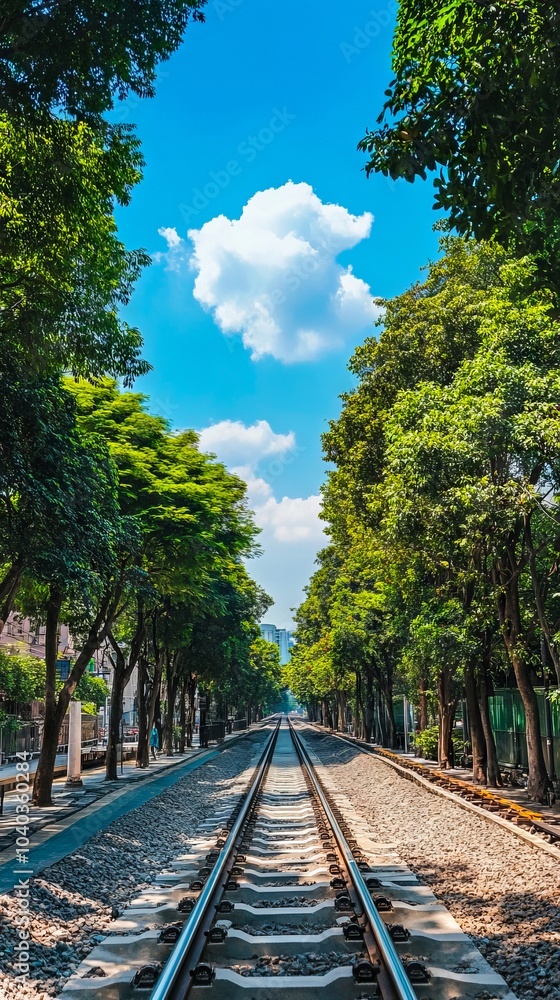 Obraz premium A train track in the middle of a park lined with trees