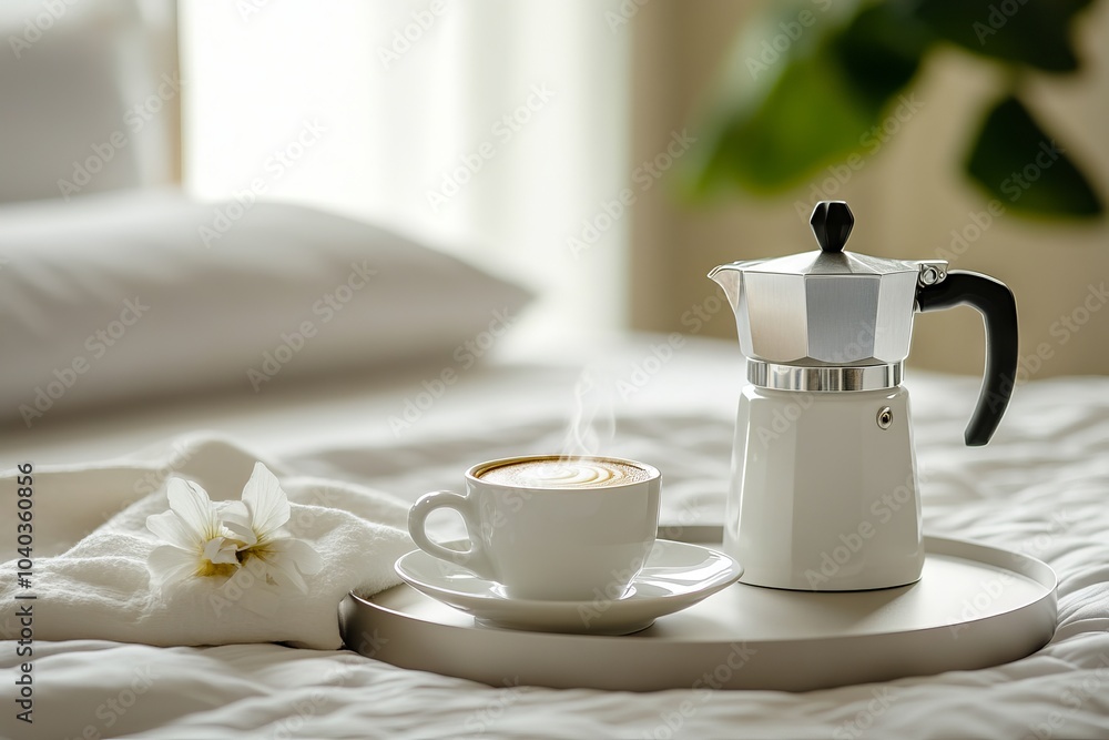 Fototapeta premium A cup of coffee sitting on top of a bed next to a white flower