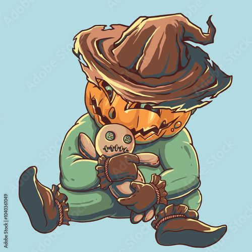 pumpkin halloween theme wearing a hat and holding a straw doll