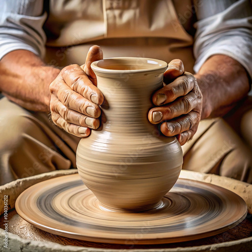 Hands shaping a delicate pottery vase on a spinning wheel