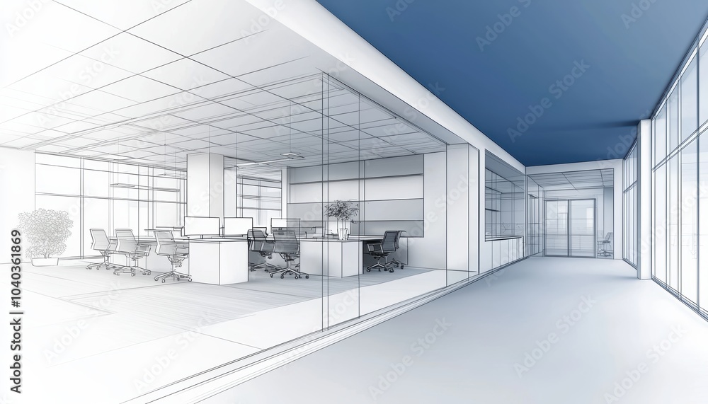Illustration of an office layout with meeting rooms, cubicles, and collaborative workspaces Illustration of an office layout with meeting rooms, cubicles, and collaborative workspaces
