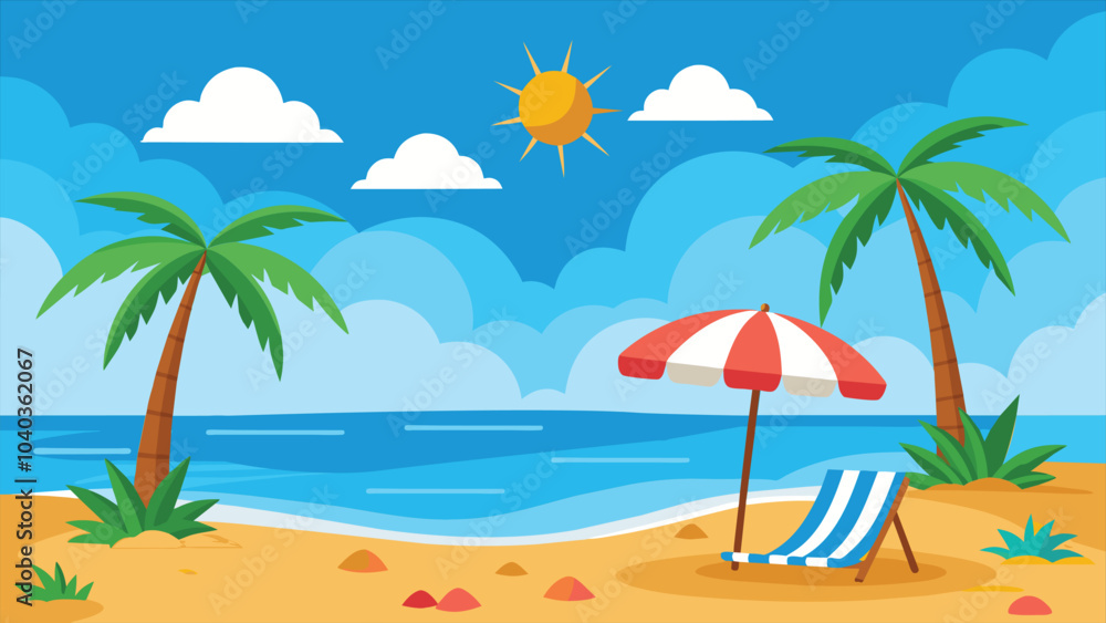 A cartoon illustration of a sunny beach scene with palm trees, a beach chair, an umbrella, blue sky with clouds, and a sandy beach next to a wavy ocean. A cartoon illustration of a sunny beach scene with palm trees, a beach chair, an umbrella, blue sky with clouds, and a sandy beach next to a wavy ocean.