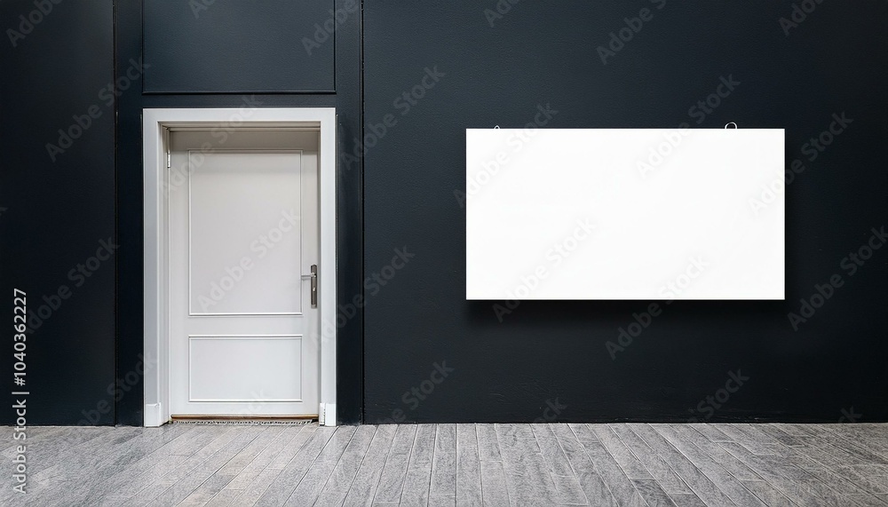 Light blank signage on dark wall before the entrance a room with white door. Mockup Light blank signage on dark wall before the entrance a room with white door. Mockup