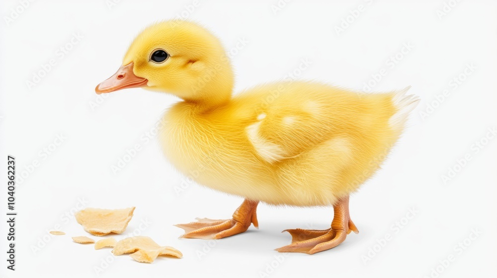A cute yellow duckling stands on a white background with broken eggshells beside it. A cute yellow duckling stands on a white background with broken eggshells beside it.