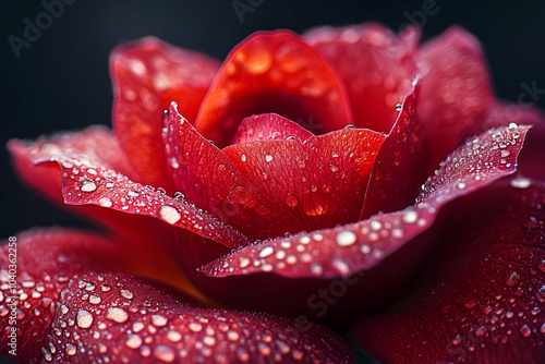 A close-up of a vibrant red rose adorned with delicate droplets of water, showcasing its intricate petals and natural beauty.