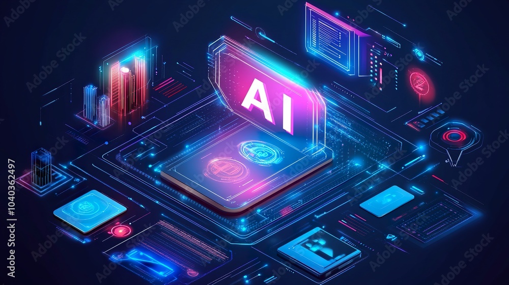 AI controls Futuristic Smart city. 3D isometric of holographic buildings inside a chip with AI or Artificial intelligence which effectively manages urban infrastructure. AI controls Futuristic Smart city. 3D isometric of holographic buildings inside a chip with AI or Artificial intelligence which effectively manages urban infrastructure.