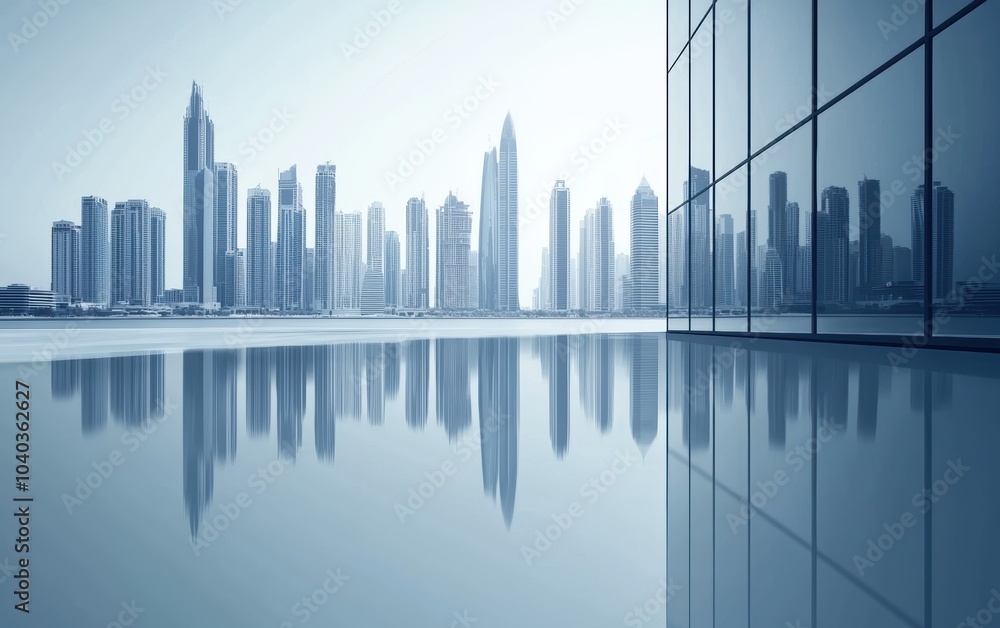 Modern office building exterior, with glass windows reflecting the city skyline Modern office building exterior, with glass windows reflecting the city skyline