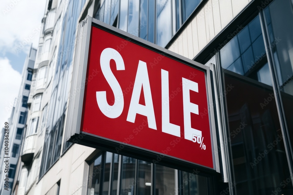 Obraz premium Advertising on a shop window on a building in a city, sign