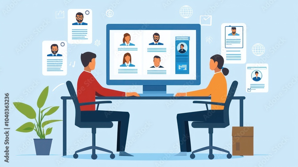 Digital approach to remote hiring and online job interviews, showcasing modern HR practices in reviewing applications and selecting candidates. Digital approach to remote hiring and online job interviews, showcasing modern HR practices in reviewing applications and selecting candidates.