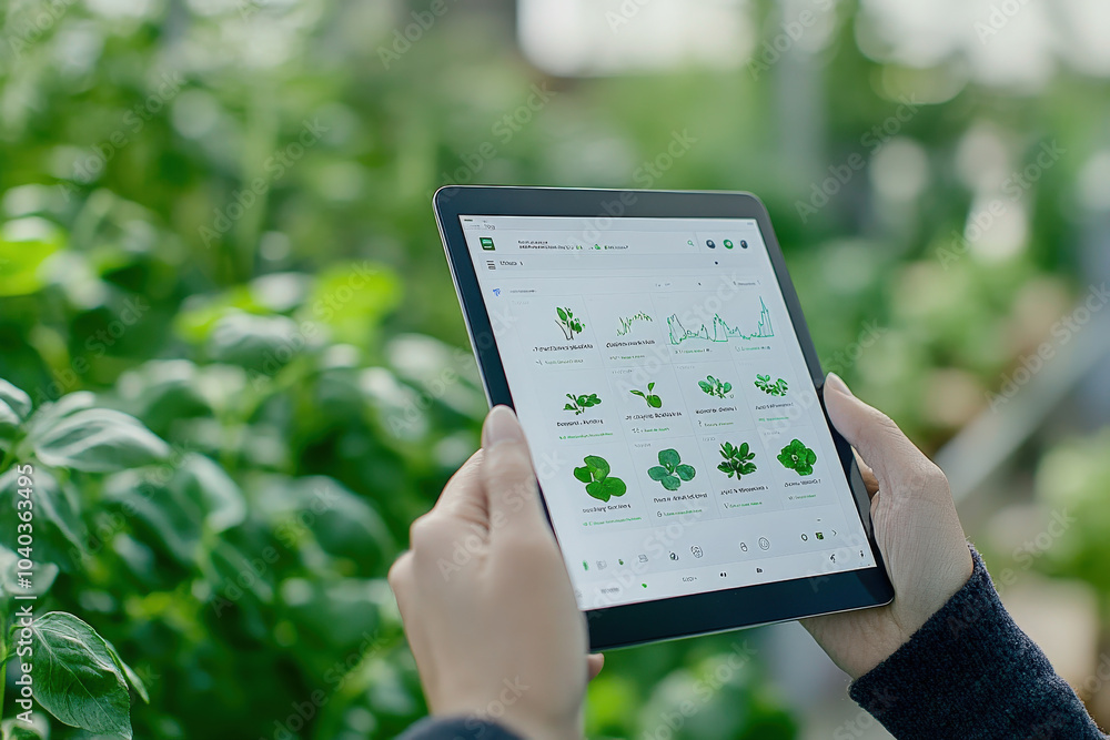 Tablet in Hand with Plant Information in Greenhouse Tablet in Hand with Plant Information in Greenhouse