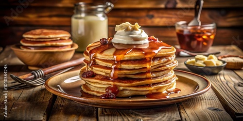 Vintage Style Pancakes and Fatty Foods in a Cozy Kitchen Setting