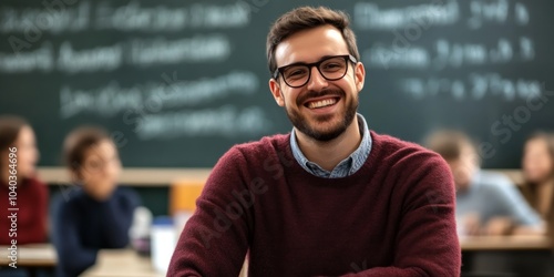 A confident smiling teacher sits in a classroom. The background features a blackboard filled with text. This image captures a warm, friendly atmosphere in a learning environment. AI