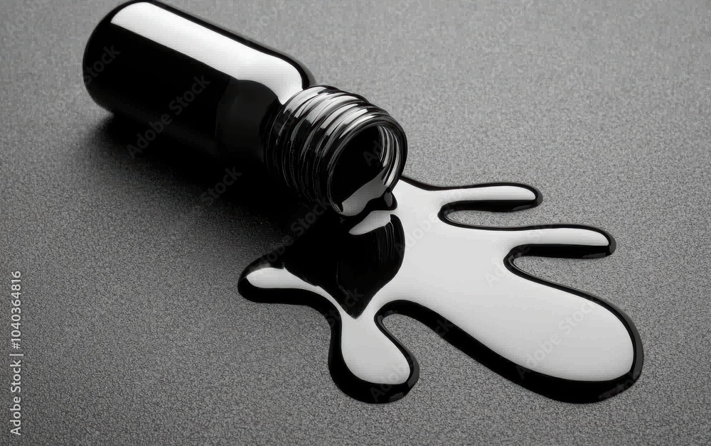 Naklejka premium A bottle of black ink tipped over on a desk, with ink spilling out and forming patterns on the surface
