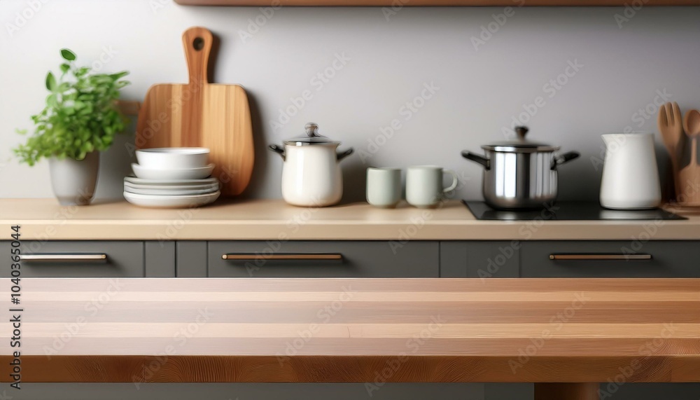 Modern light wooden tabletop with copyspace for your text at blurry kitchen utensils and dishes on grey wall background. 3D rendering, mock up Modern light wooden tabletop with copyspace for your text at blurry kitchen utensils and dishes on grey wall background. 3D rendering, mock up