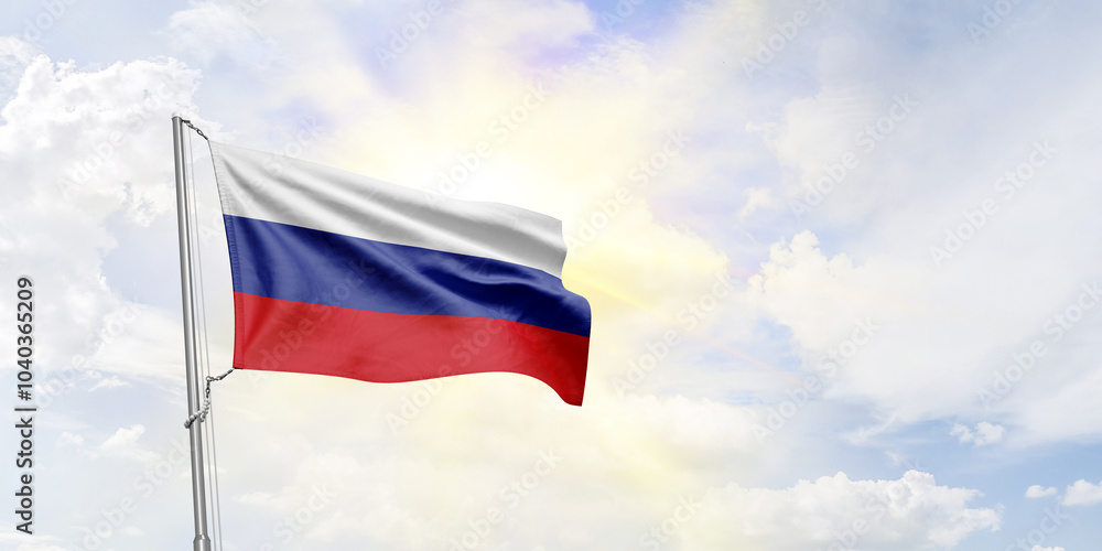 Russia flag waving on sky background. 3D Rendering Russia flag waving on sky background. 3D Rendering