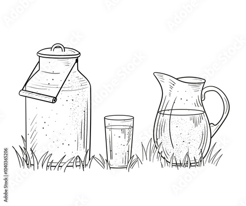 sketch of milk, can, glass of milk in the field