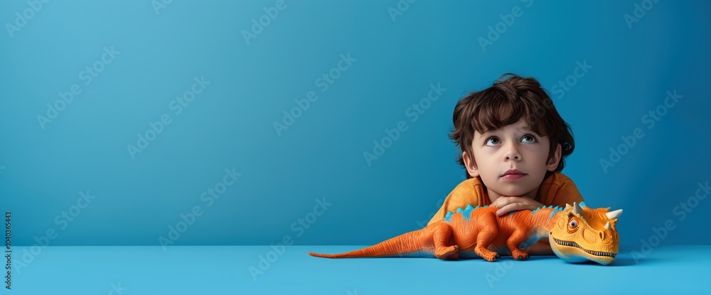Fototapeta premium Boy with orange dinosaur toy on blue background. Children toys and imagination content